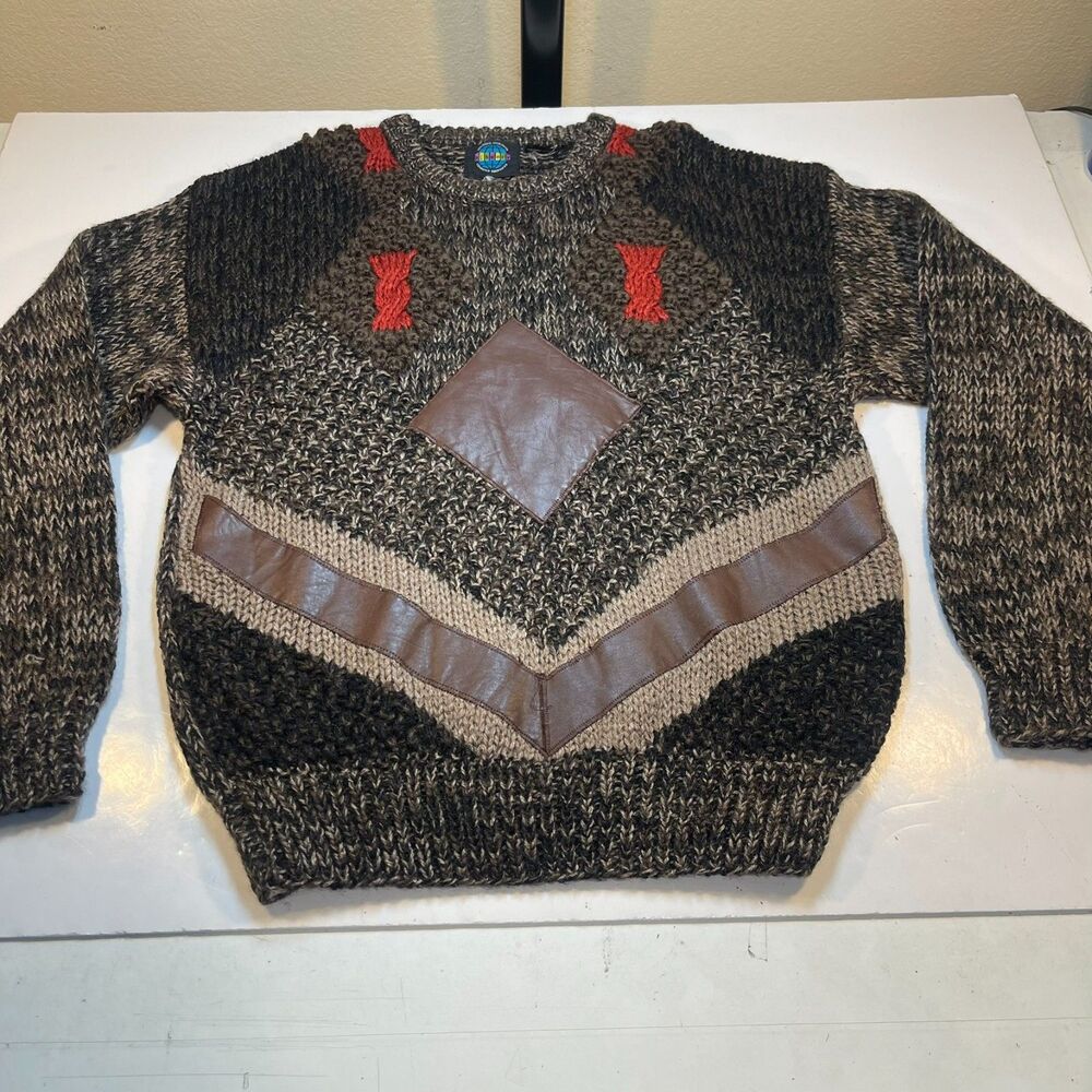 Vintage PJ Henry Chunky Knit Leather Trim cosby grandpa Sweater Sz Mens XL